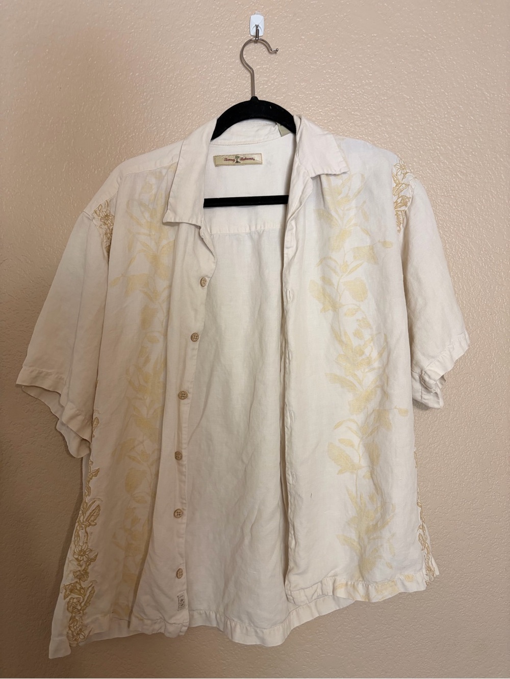 Tommy Bahama Men's Large Beige Silk Linen Button Up Short Sleeve Luxury Casua